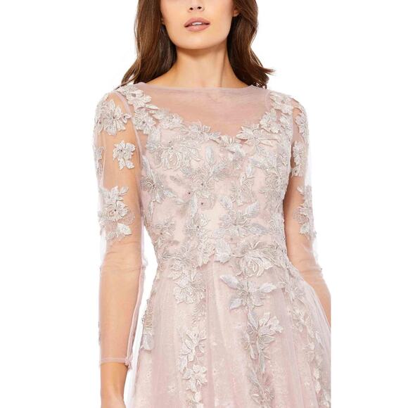 Mac Duggal NWT Sheer Neckline Illusion Sleeve Midi Dress Embroidered Size 14 - Picture 2 of 8